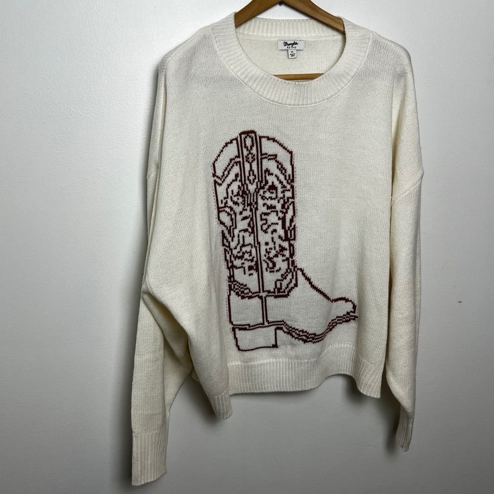 Wrangler Retro Womens XL Cream Cowboy Boot Graphic Knit Sweater